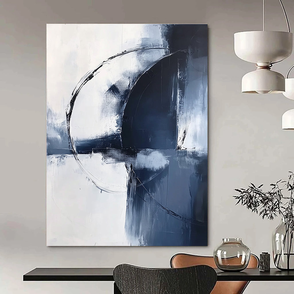 Large abstract painting in light navy and white tones featuring bold brushstrokes and an elegant minimalist style for sophisticated decor.STSC1355