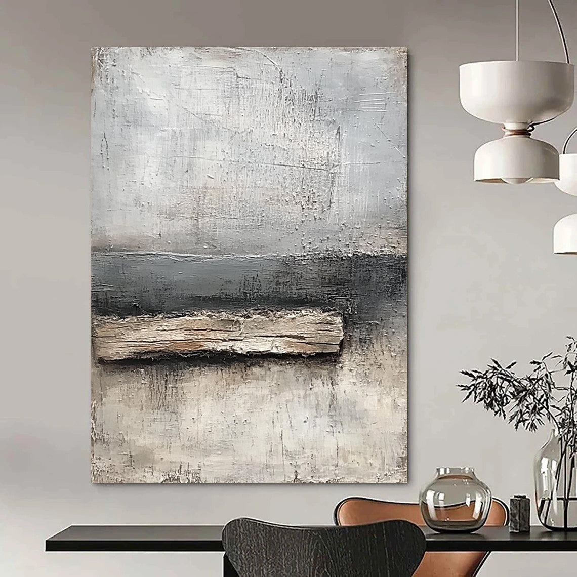 Abstract painting featuring neutral tones of gray and white with textured canvas and thick paint highlighting a small piece of old wood by the water's edge.STSC138