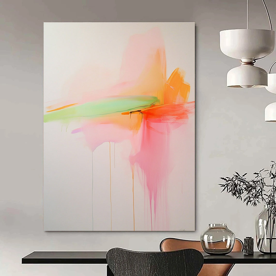Large abstract painting with soft pink orange and green hues on a white background in minimalistic style inspired by Priscilla Creedman.STSC797