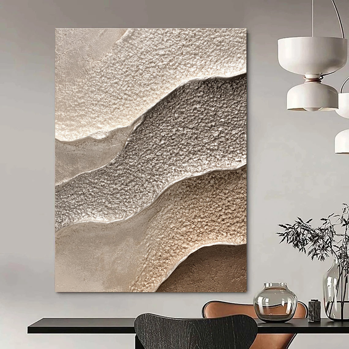 Abstract waves in grey complement detailed textured sandstone in beige and silver, perfect for nature-inspired interior decor.STSC945