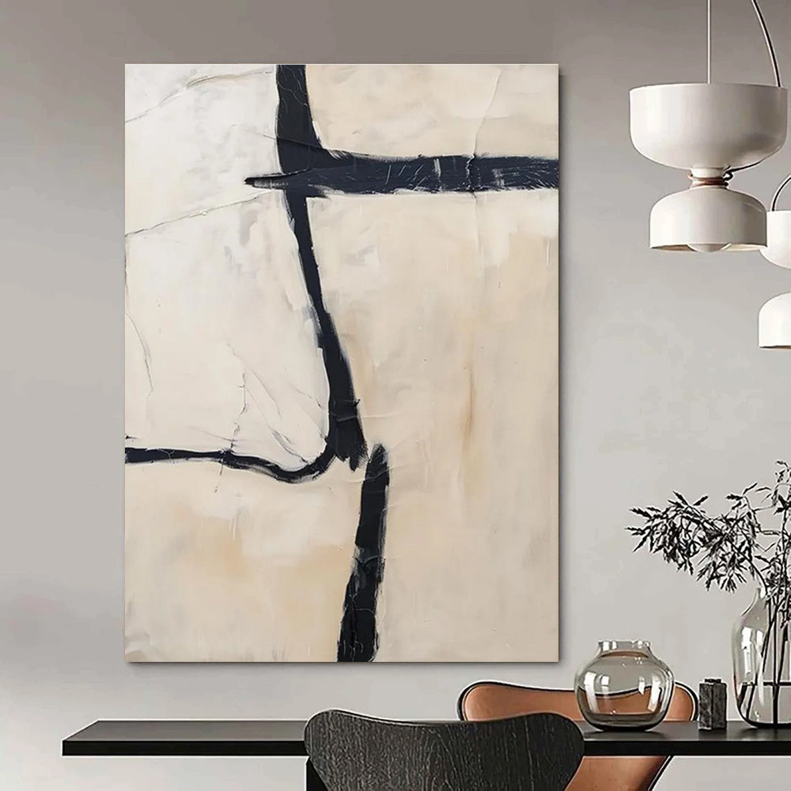 Minimalist Black - White Abstract Painting with Bold Lines ADGE452