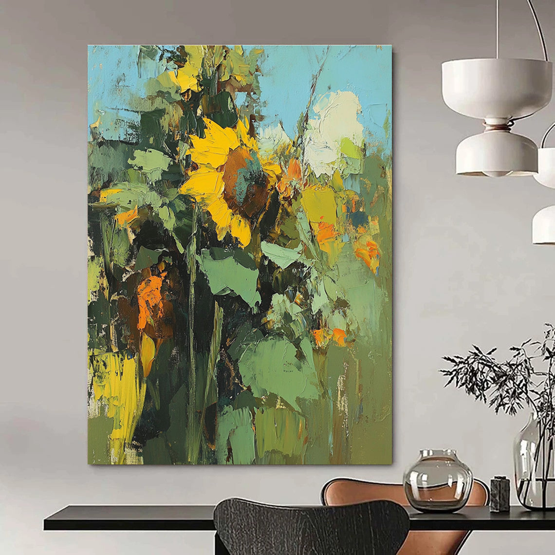 Large abstract painting of sunflowers featuring blurry details and rough brushstrokes in a colorful high resolution format.STSC335