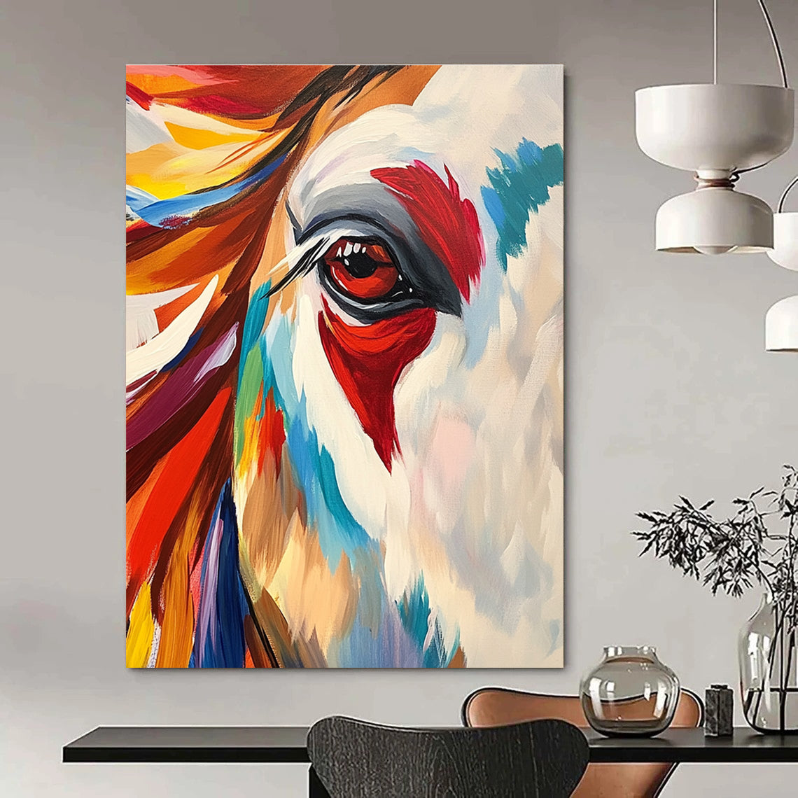 Large abstract painting featuring an Indian horse with vibrant colors bold brushstrokes and dynamic patterns showcasing strength elegance and intricate fur textures.STSC846