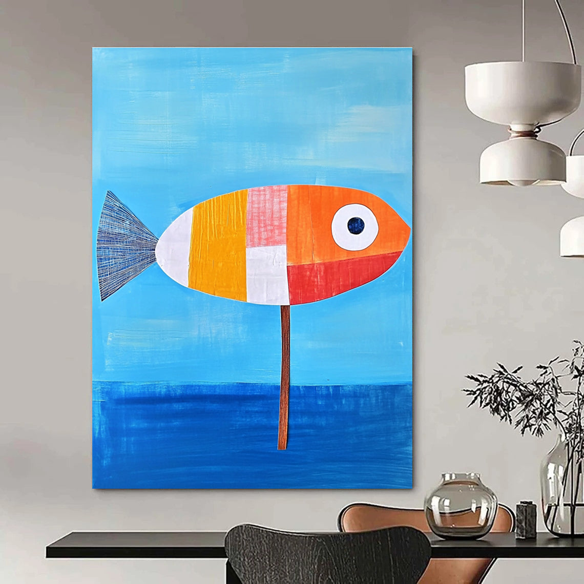 An abstract painting of a fish on blue water featuring an orange and white color scheme with simple details and a tranquil vibe.STSC996