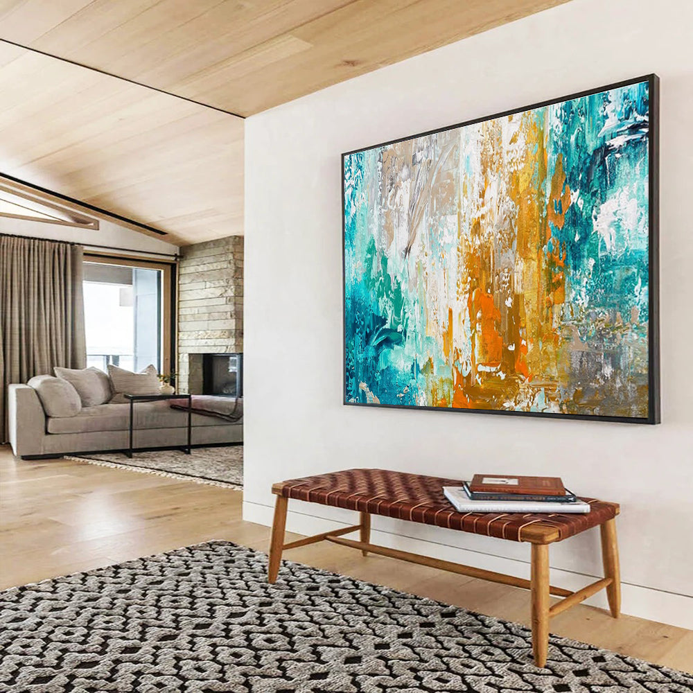 Teal Gold Orange Abstract Painting with Vibrant, Energetic Combinations THY382