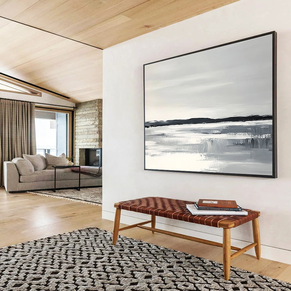 Abstract painting of an Arctic landscape with a white sky gray water and black land featuring thick brush strokes and a monochromatic color scheme.SC154