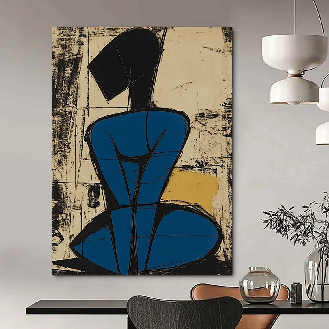 Abstract painting featuring a blue-bodied figure with simplified lines and short hair sitting on her knees against a vibrant background.STSC984