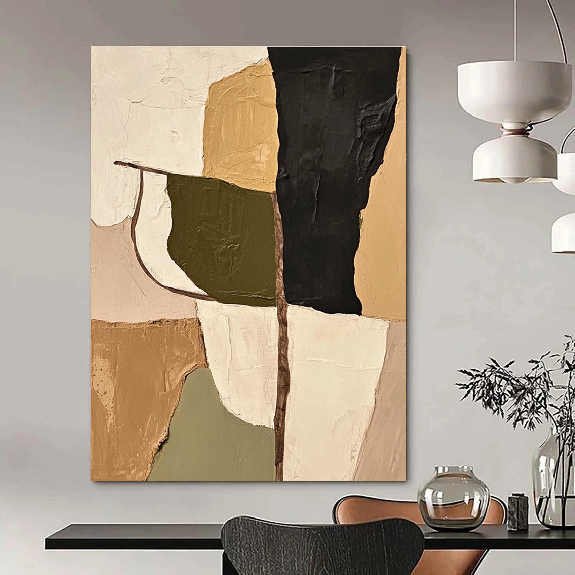 Large abstract painting featuring olive green beige and black shapes with thick impasto strokes that adds depth and texture to any space.STSC696