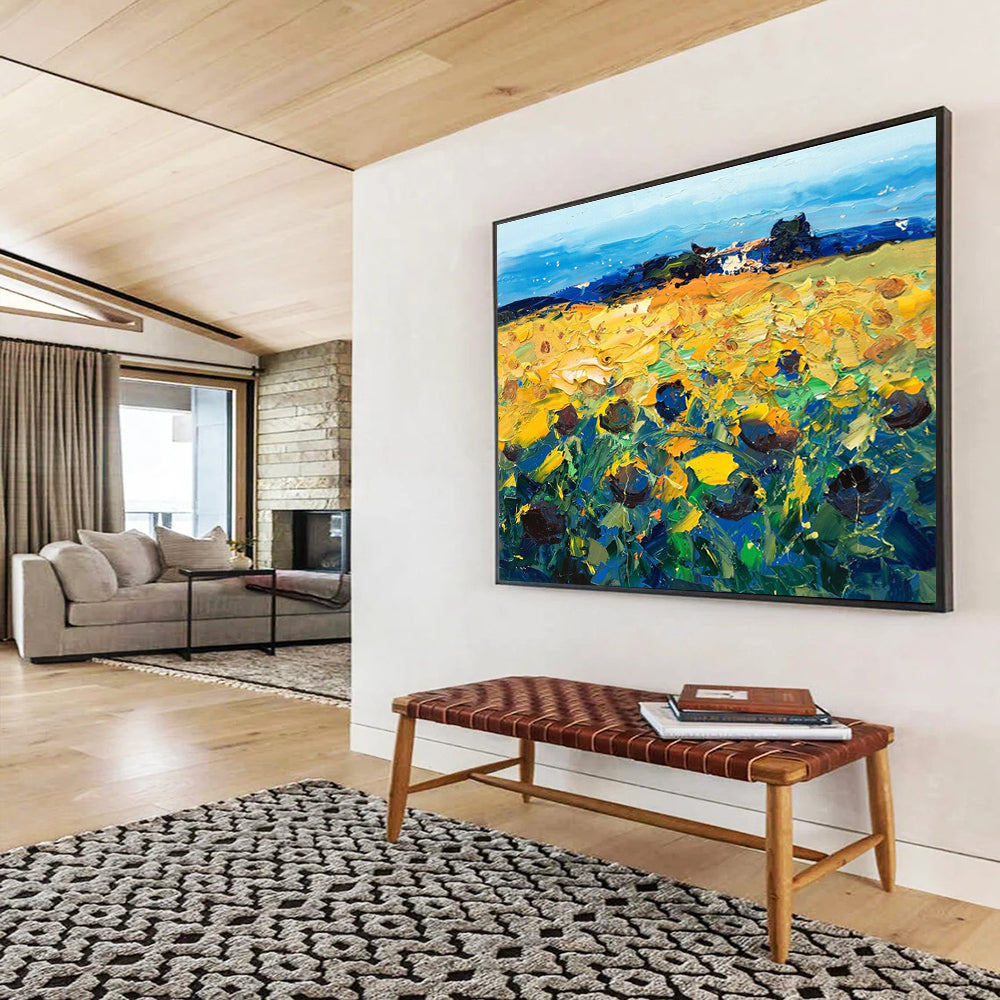 Yellow Blue Green Sunflower Field Painting THY485