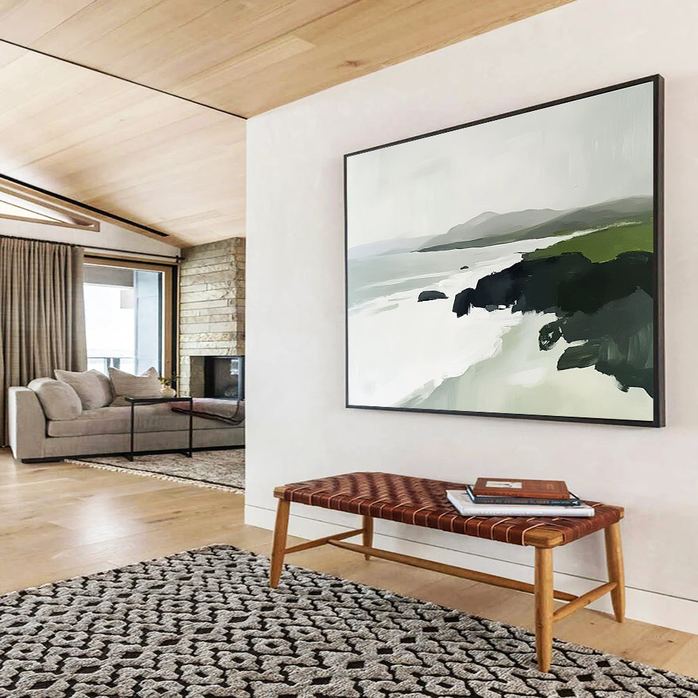 Abstract painting of the Irish coast featuring green rocks white waves and distant mountains in a minimalist style with soft edges and natural lighting.SC160