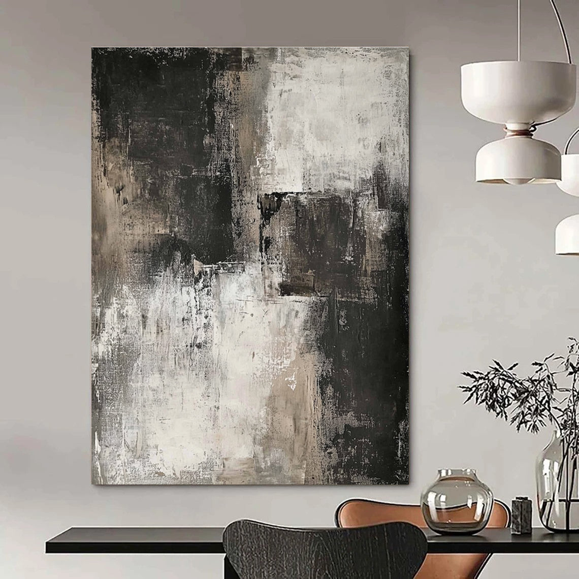 Large abstract painting in neutral tones featuring dark gray and white for a striking contemporary aesthetic.STSC069