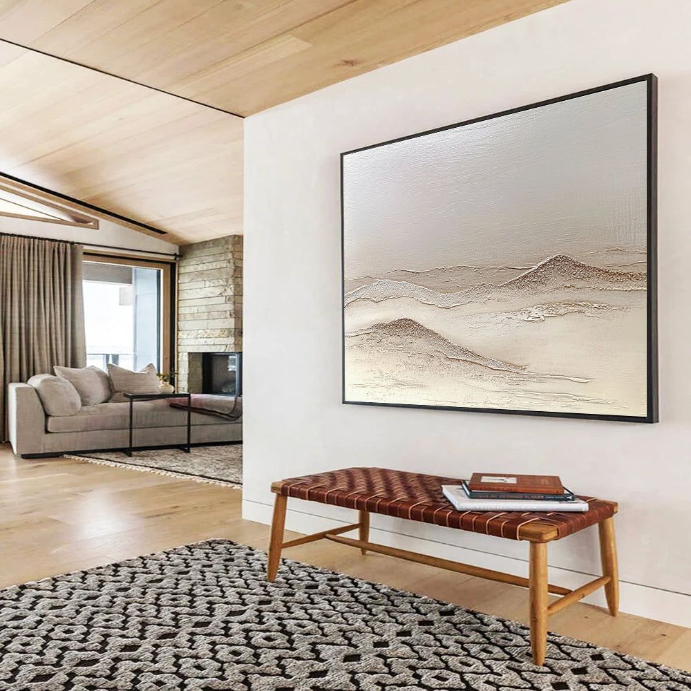 Large abstract painting depicting textured sand dunes in neutral tones with artistic desert hills creating depth and a calming atmosphere.SC622
