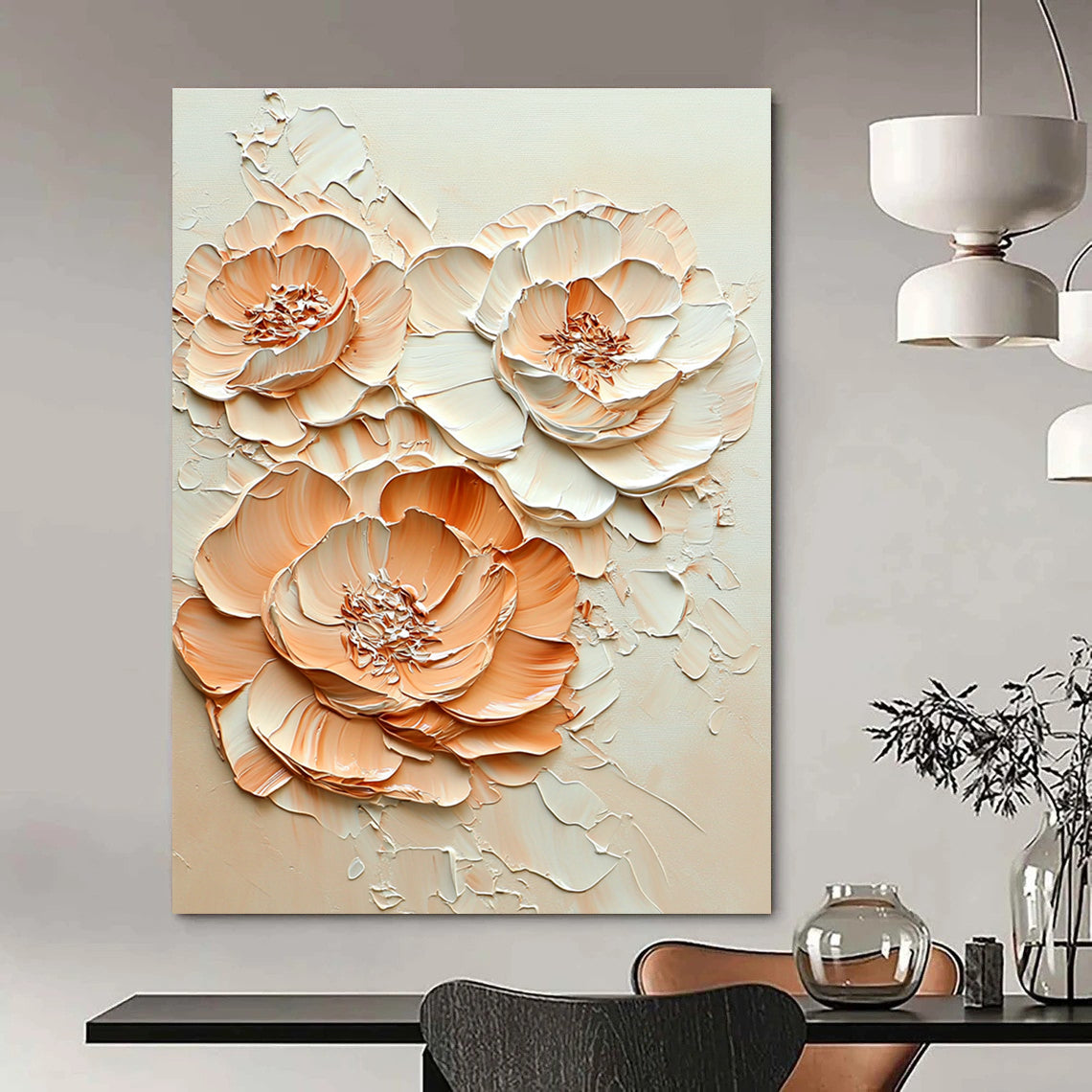 A Large Abstract Painting Featuring Peach and Cream-Colored Flowers in Embossed Oil Texture Ultra-High Resolution Artistic Detail.STSC453