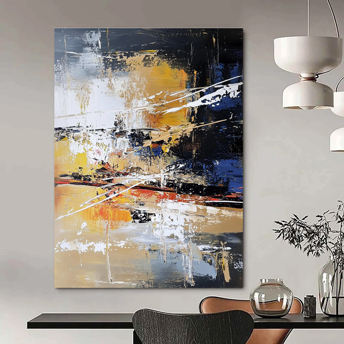 Large abstract painting features layers of colors and textures with white lines depicting water trees and a river in an urban landscape.STSC766