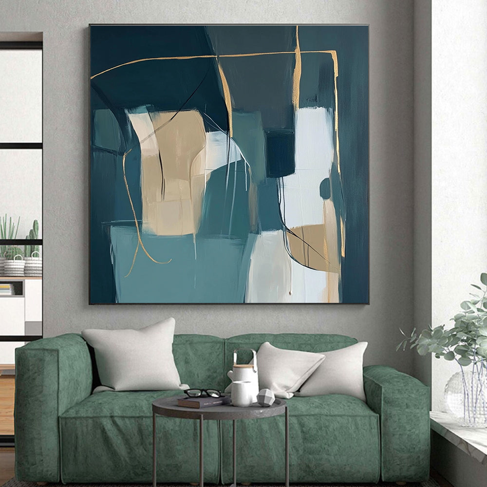 Teal and Beige Abstract Painting with Geometric Lines GER463