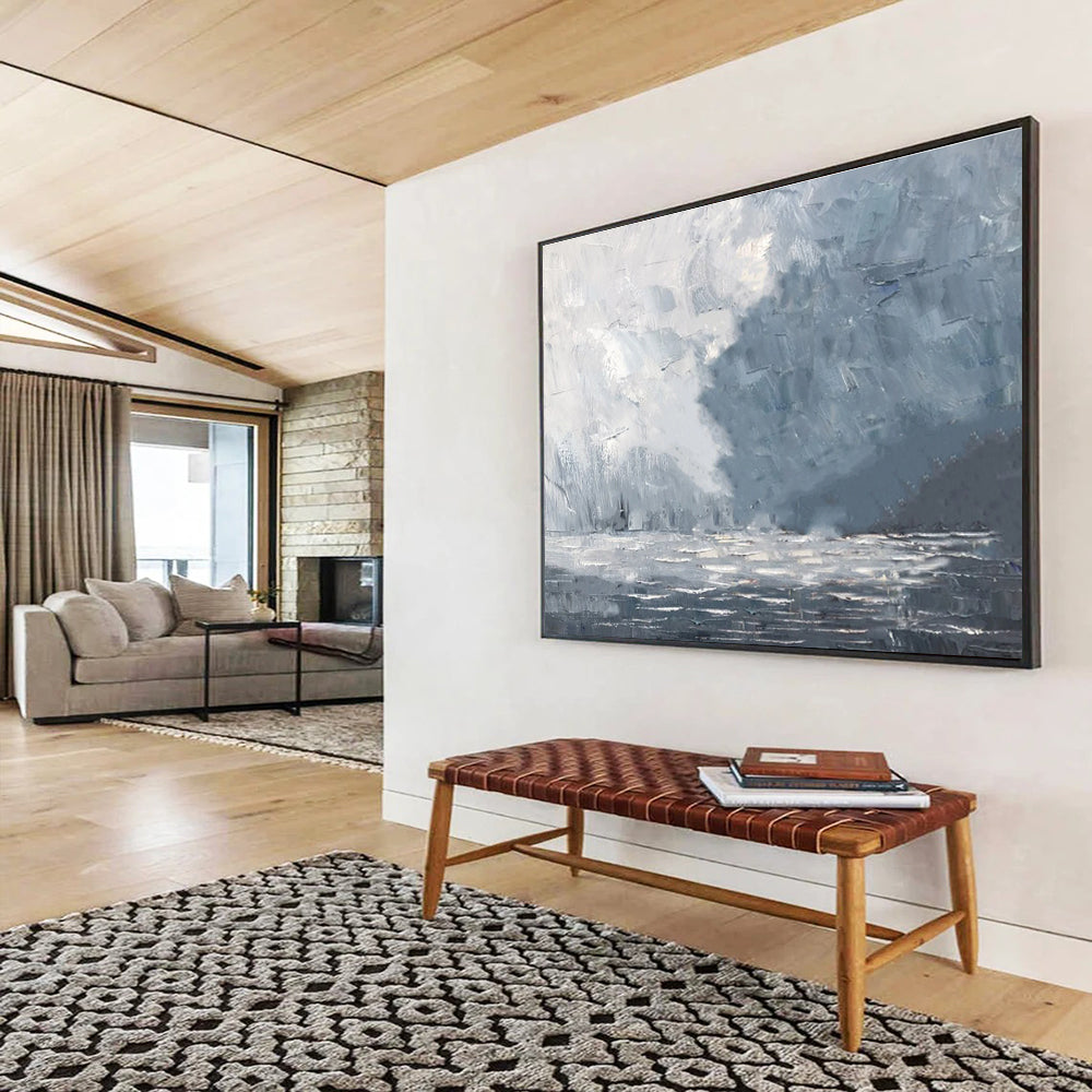 Misty Sea Abstract Painting with Gray and White Tones THY317