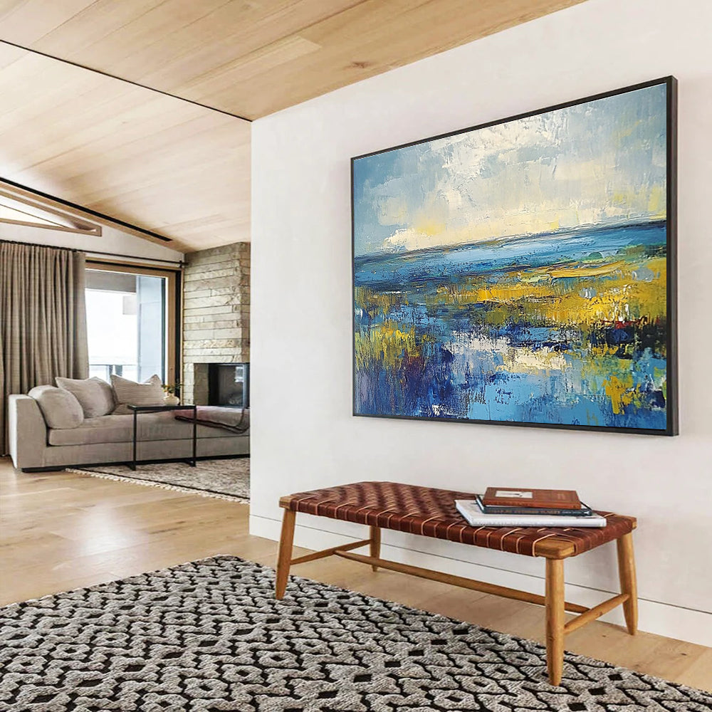 Vibrant Marshland Abstract Painting with Blues and Yellows DYP232