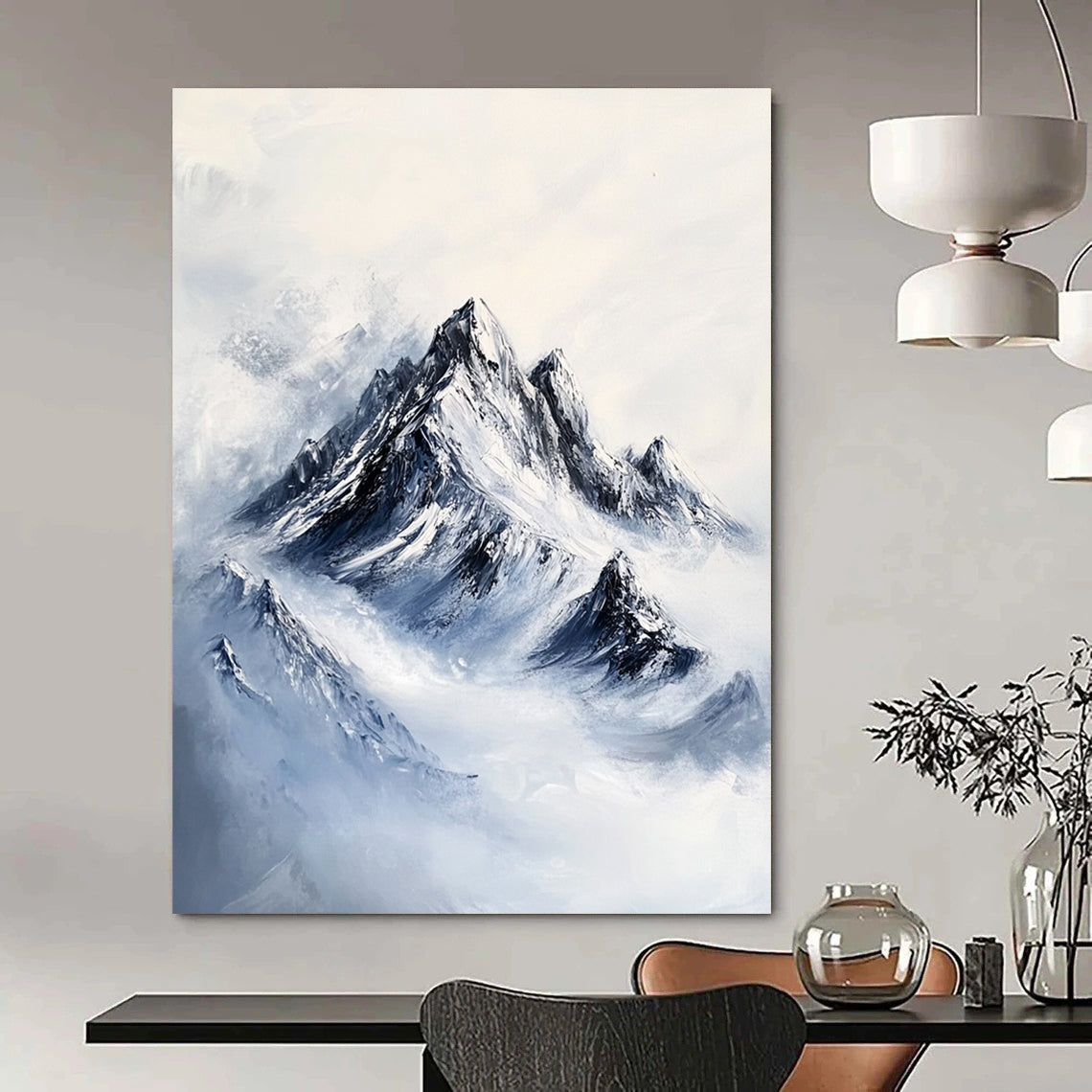 A large abstract painting featuring a rugged mountain peak with intricate rocky textures and deep blue snow-covered peaks against a white background.STSC1168