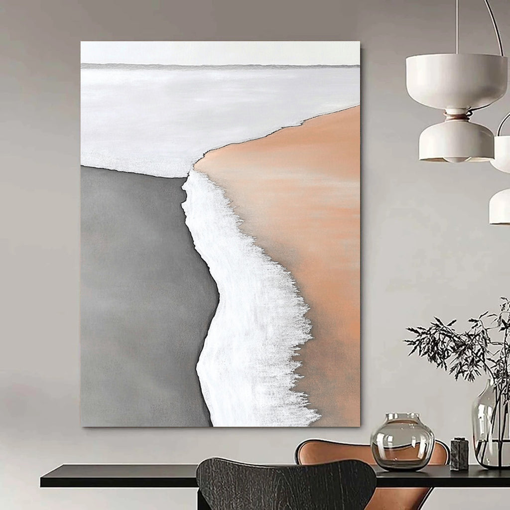 Abstract painting capturing the serene boundary of water and land with white sand and subtle hues of light orange and brown in a minimalistic style.STSC550