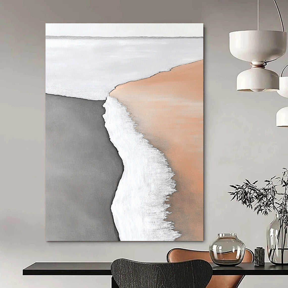 Abstract painting capturing the serene boundary of water and land with white sand and subtle hues of light orange and brown in a minimalistic style.STSC550