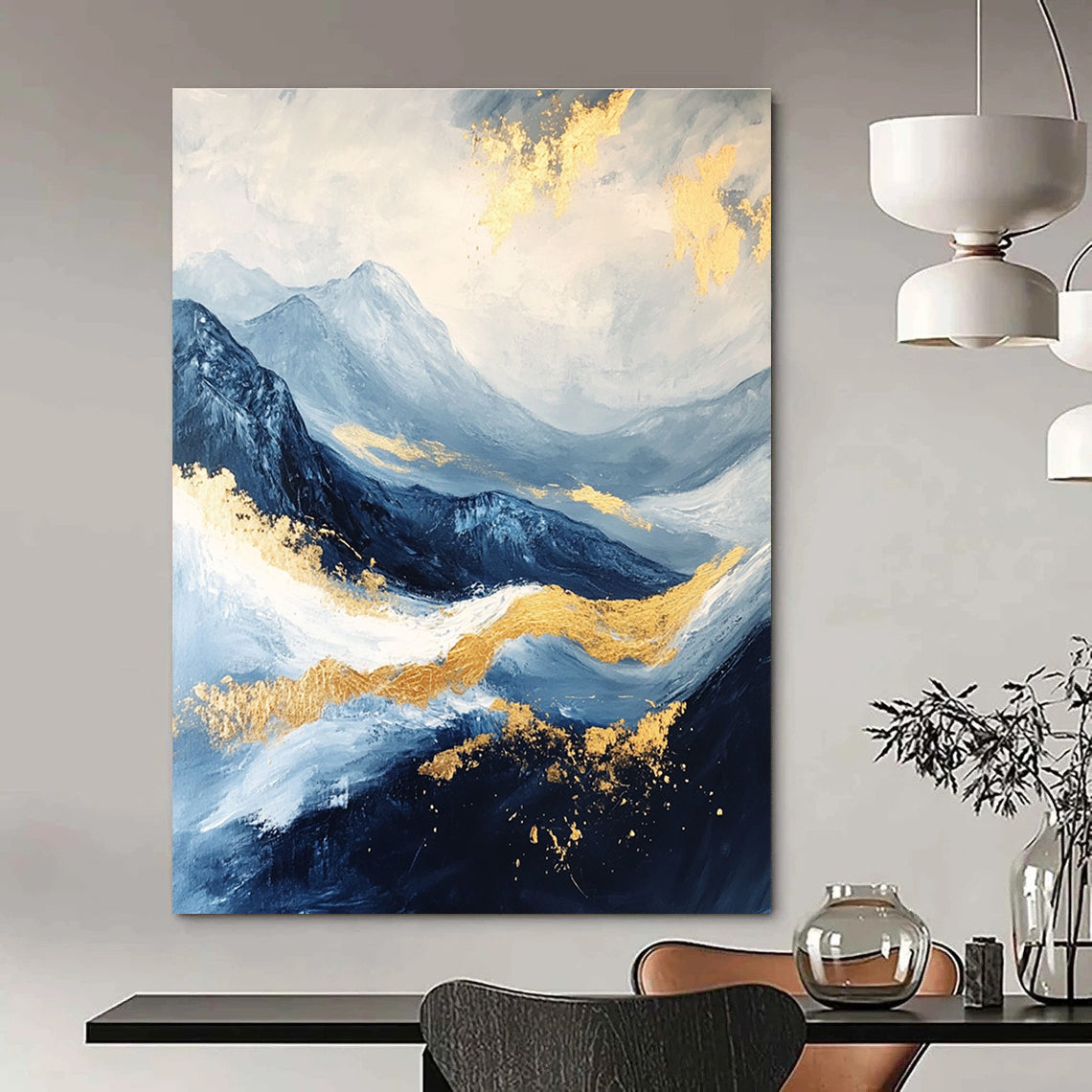 Abstract Blue and Gold Mountain Landscape Painting featuring a white sky, golden waves, dark blue clouds, and black rocks beautifully detailed.STSC030