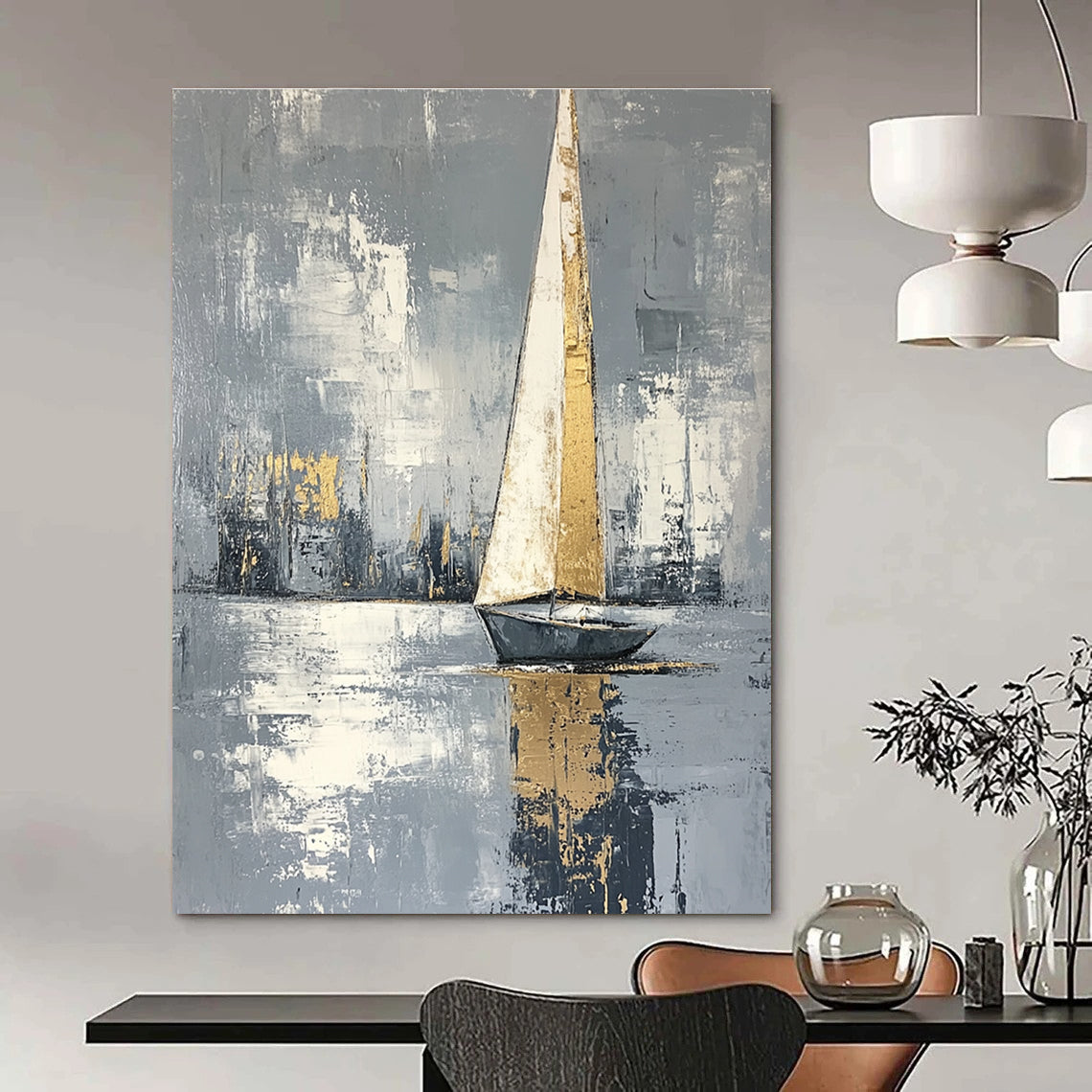 Abstract painting featuring a serene sailing boat with gray background and white gold accents created using soft light and impressionist brush strokes.STSC1420