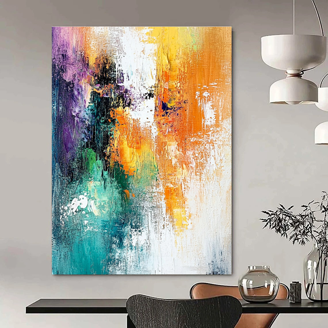 Large abstract painting featuring dreamy hues of white orange and teal with textured brushstrokes and a layered mixed media composition.STSC417