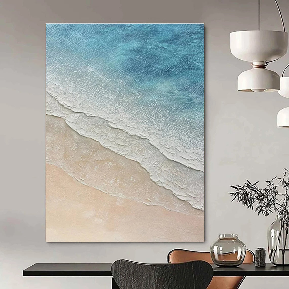 Blue and Beige Beach Wave Abstract Painting with Textured Layers ADGE314