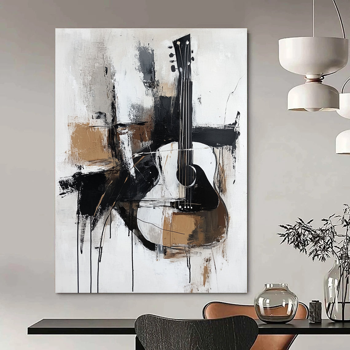 A large abstract painting featuring thick brush strokes in black white grey and brown with a minimalistic abstract guitar in elegant neutral tones.STSC818