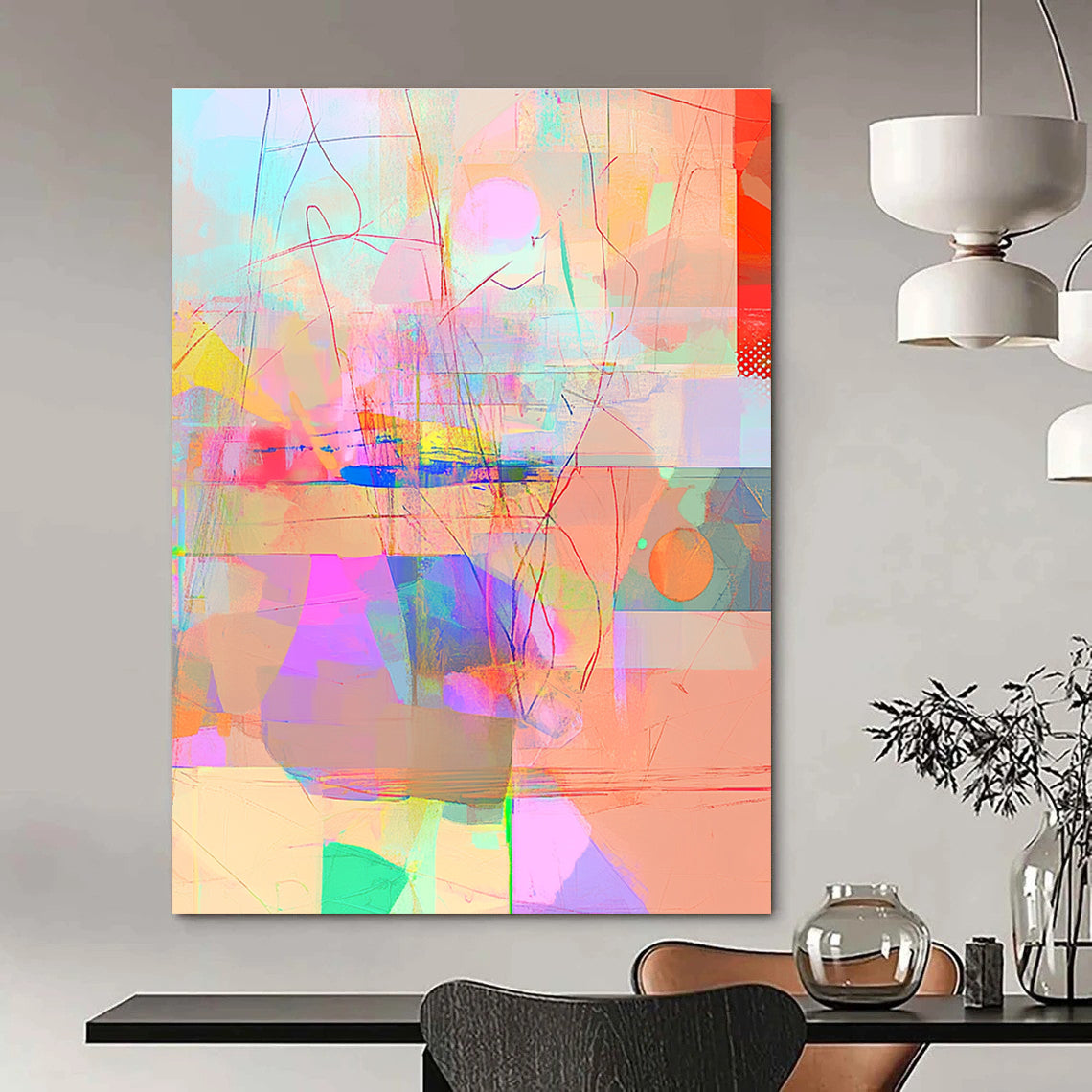 Large Abstract Artwork Blending Minimalism Impressionist Cubofuturism and Glitch Effects in Dreamy Pastel Gradients with Depth and Light Highlights.STSC981