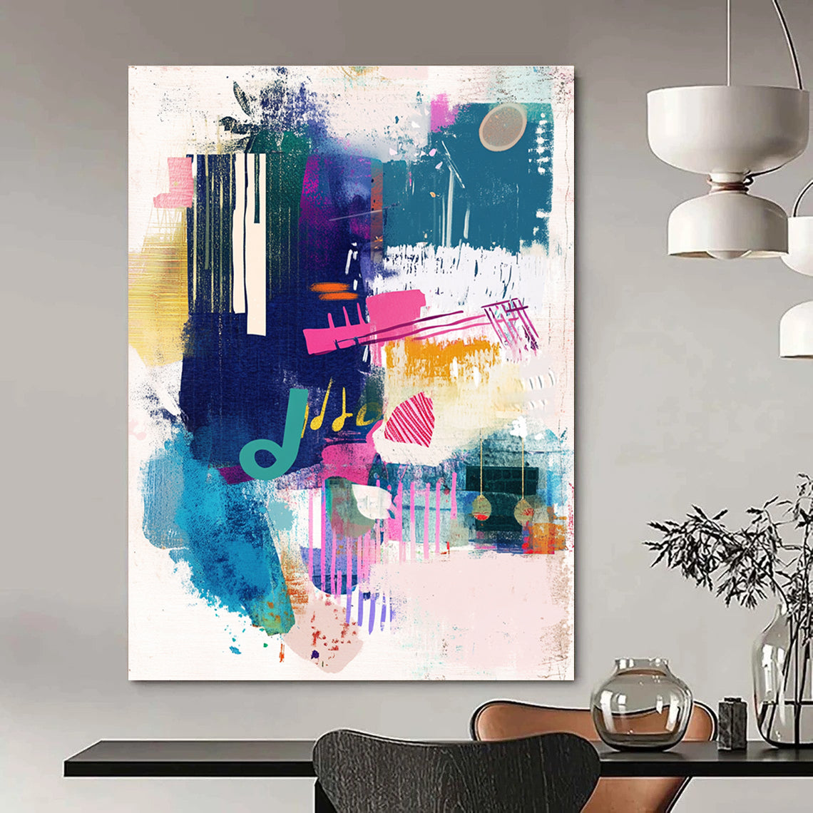 Large abstract painting capturing urban energy with musical notes and vibrant colors on textured paper leaving space for text or logos.STSC560