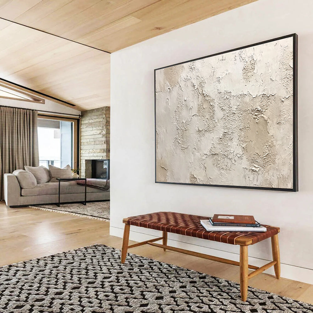 Large abstract painting of a textured white wall with shades of gray beige and brown showing organic shapes and a weathered appearance.SC183