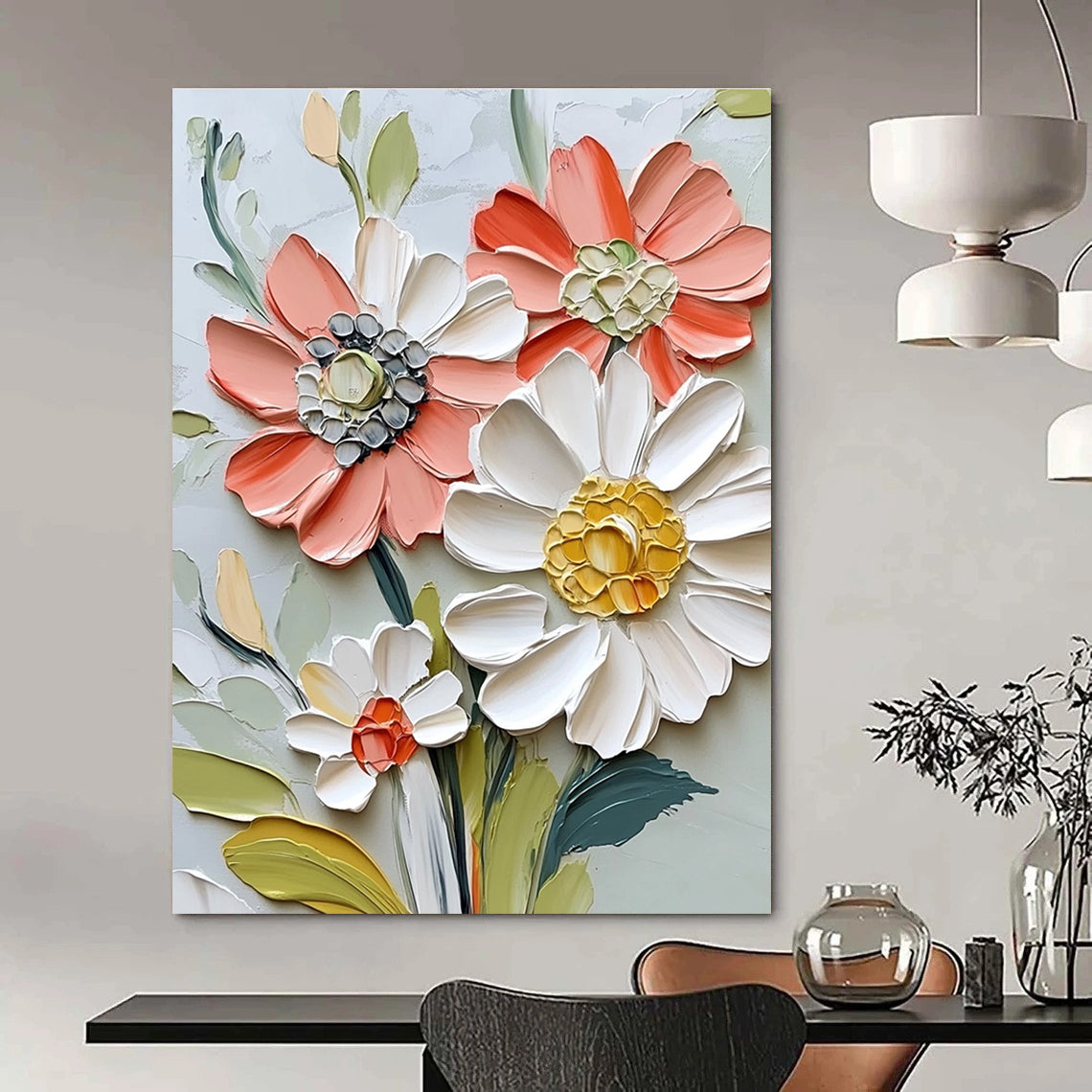 Large abstract painting of textured flowers in vibrant colors featuring a close-up of a delicate daisy-like bloom in a vintage modern style.STSC1126