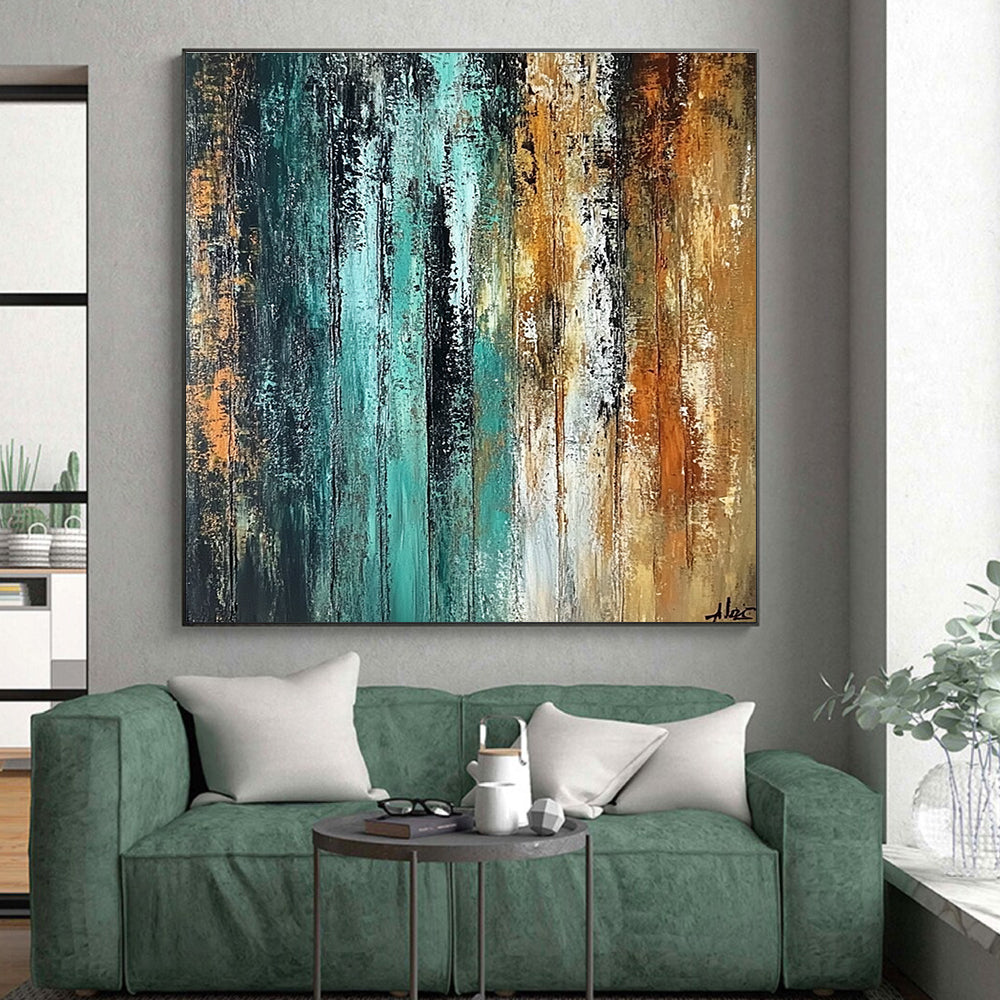 Teal and Brown Abstract Painting with Vertical Strokes GER485