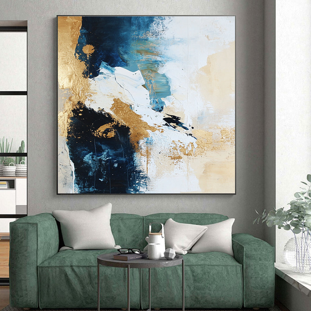 Blue Gold Abstract Painting with Dynamic Brushstrokes GER723