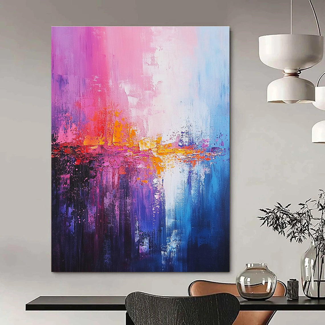 Large abstract painting of the sea featuring light pink dark blue and soft atmospheric effects in a dreamy impressionist style.STSC344