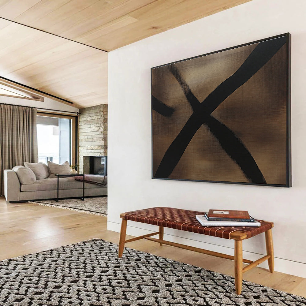 An abstract painting featuring dark brown and black lines with dragonfly wing shadows, minimalist style, monochromatic color scheme, oil painting effect.SC349