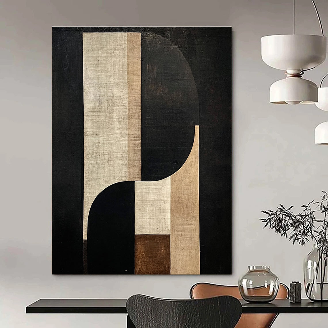 Large abstract painting features geometric and organic shapes in beige and brown tones against a black background with a central tall white shape.STSC1058
