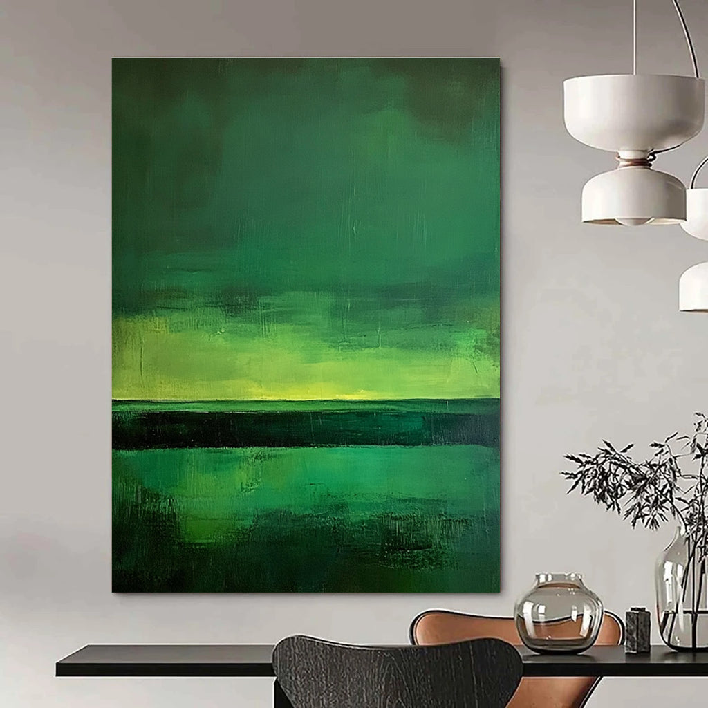 Large abstract painting of green fields under a dark sky illuminated by northern lights featuring minimalism and expressive brush strokes inspired by Mark Rothko.STSC308