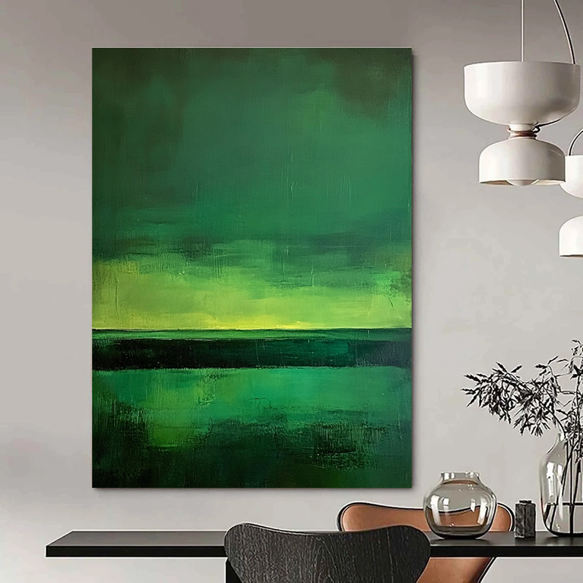 Large abstract painting of green fields under a dark sky illuminated by northern lights featuring minimalism and expressive brush strokes inspired by Mark Rothko.STSC308