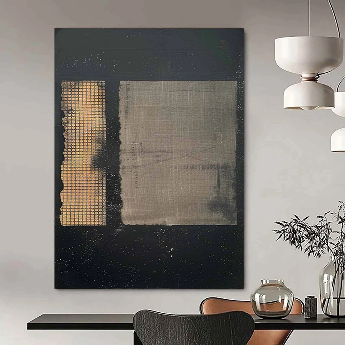 Black Abstract Painting with Dual Grid Patterns ADGE307