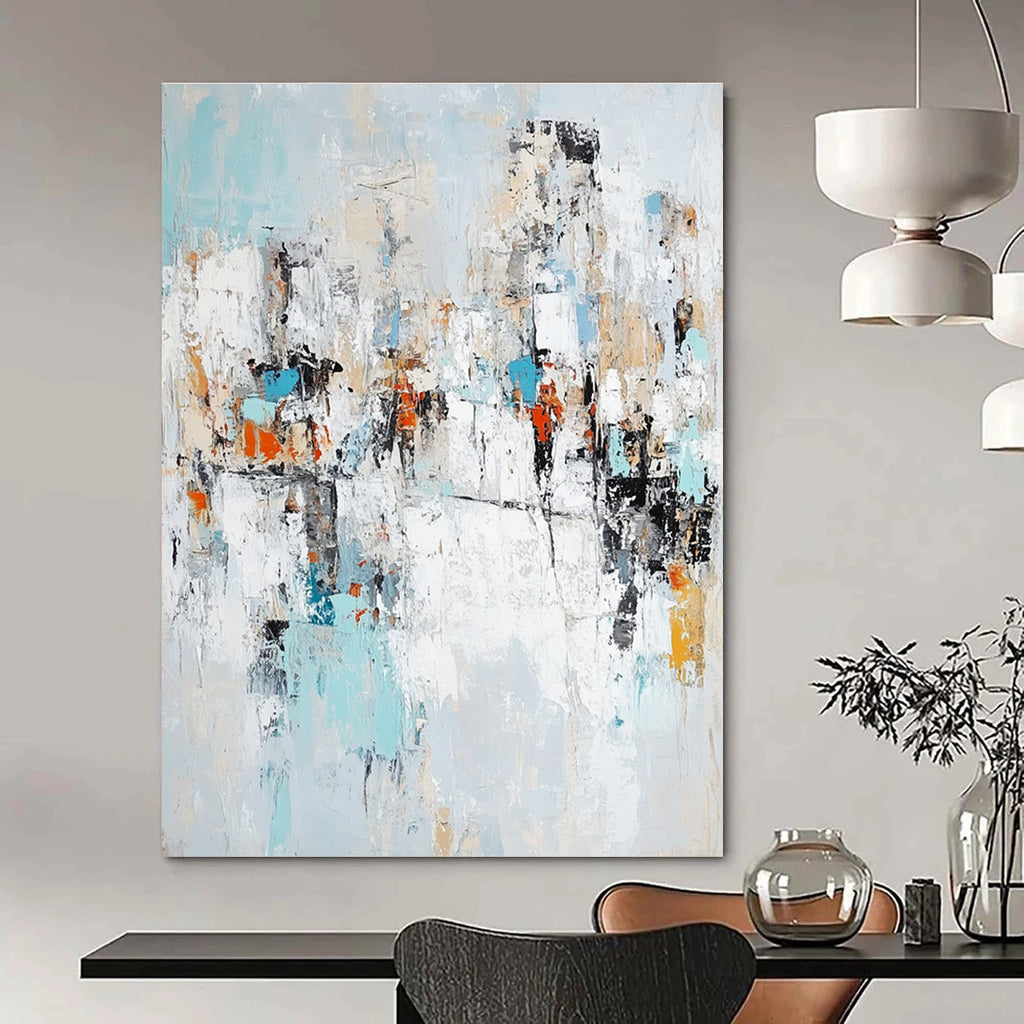 Large abstract painting in light blue white and gray showcasing urban shapes symbolizing diversity creativity and hope.STSC768