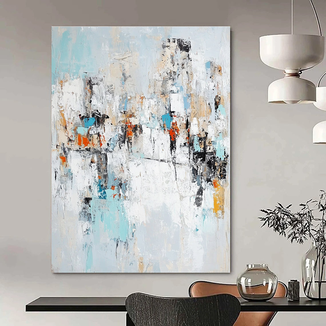 Large abstract painting in light blue white and gray showcasing urban shapes symbolizing diversity creativity and hope.STSC768