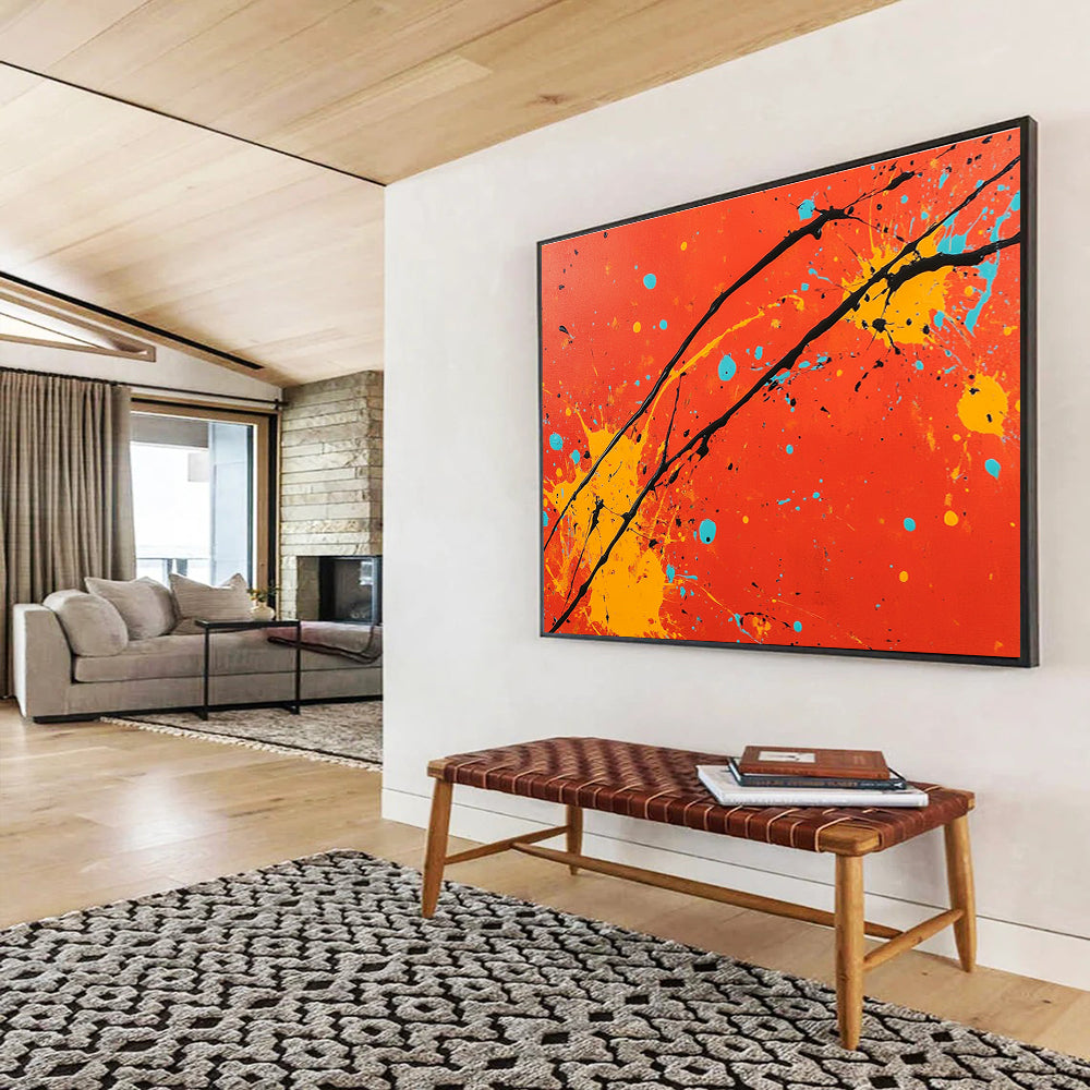 An abstract painting featuring a red background with orange and yellow splashes black lines and light blue accents in the style of Jackson Pollock.SC531