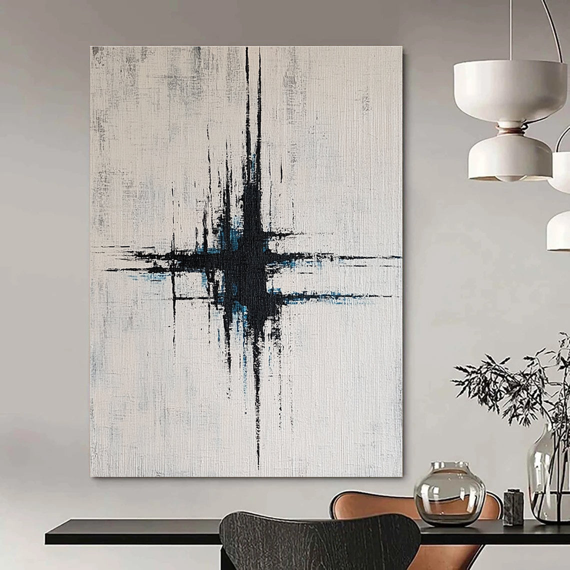 Large abstract painting with vibrant blue and gray lines on a white background featuring vertical brushstrokes and dynamic light effects.STSC439
