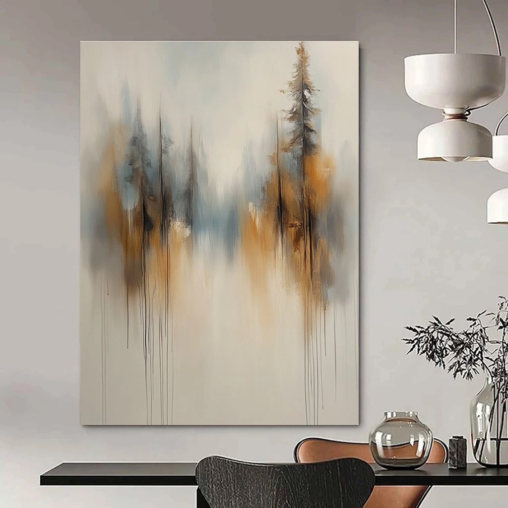 Large abstract painting of soft white and grey trees with brown and blue accents featuring a smoke-like background and blurred edges.STSC710