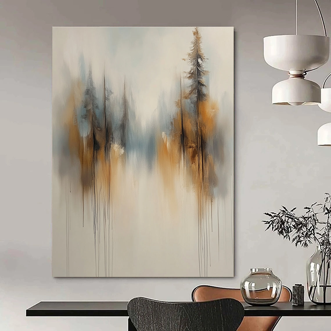 Large abstract painting of soft white and grey trees with brown and blue accents featuring a smoke-like background and blurred edges.STSC710
