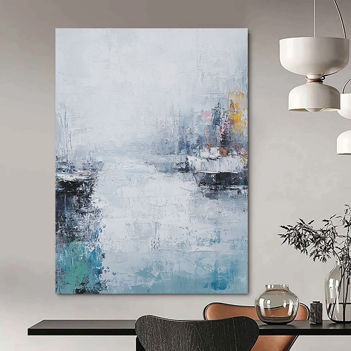 Large abstract painting of the sea featuring muted colors thick brush strokes and a vintage coastal cityscape under a foggy sky.STSC199