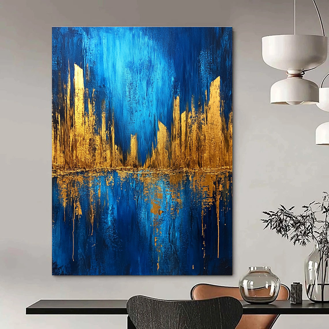 Large abstract painting featuring a metallic gold and blue cityscape on a dark textured background with bold brush strokes.STSC578