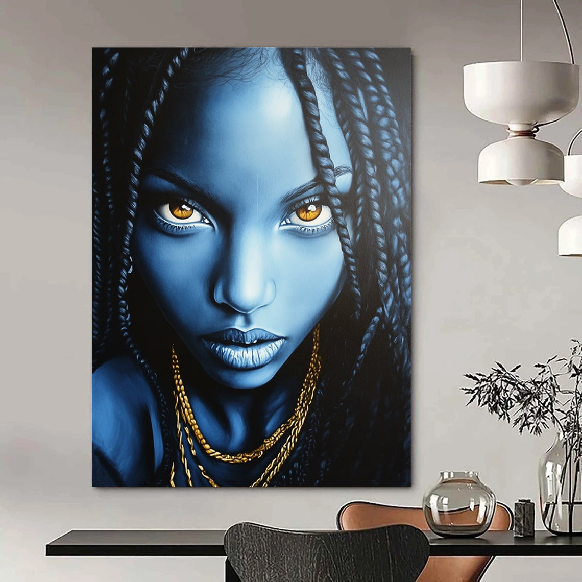 Abstract painting featuring an African American woman with long black braids and glowing blue face against a dark gray background adorned with gold necklaces.STSC1273